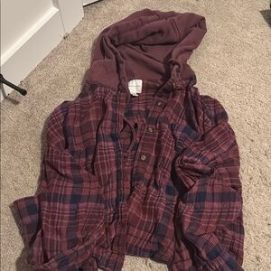Plaid Hooded Shirt in Burgundy and Navy
